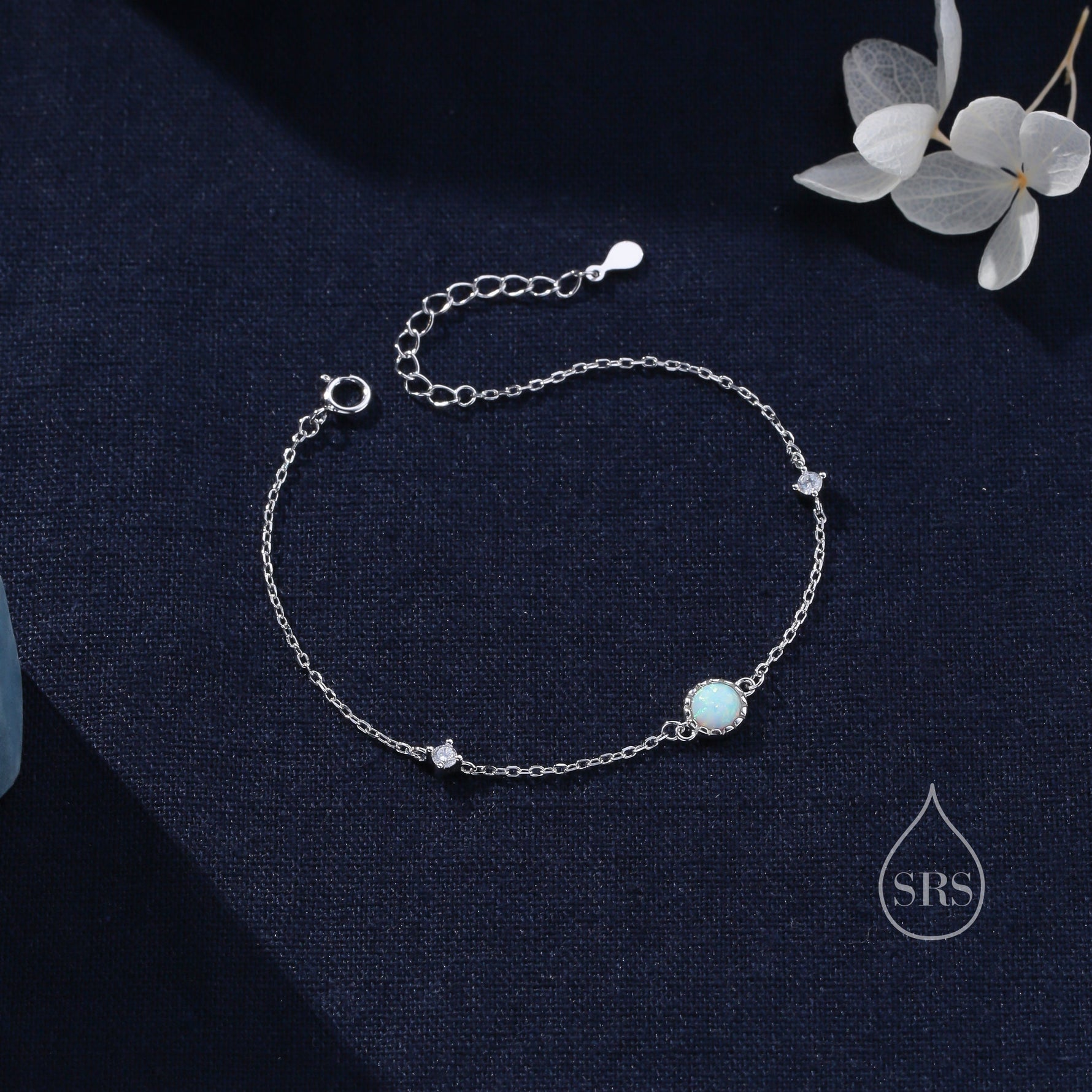 Delicate White Opal and CZ Bracelet in Sterling Silver, Simulated Fire Opal Bracelet, Silver Single Opal Bracelet with Satellite Chain