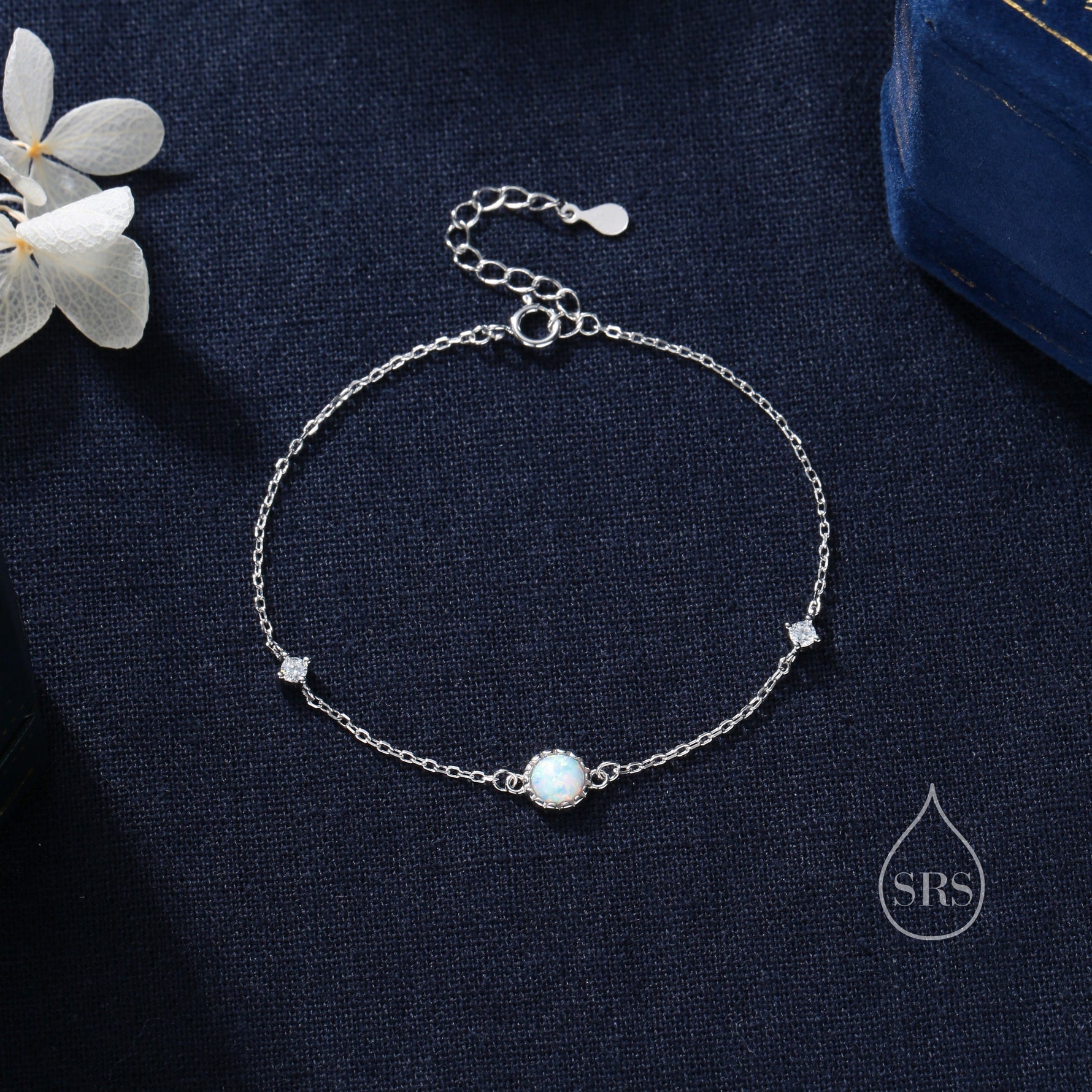 Delicate White Opal and CZ Bracelet in Sterling Silver, Simulated Fire Opal Bracelet, Silver Single Opal Bracelet with Satellite Chain