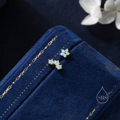 Asymmetric Forget Me Not Flower Bouquet CZ Stud Earrings in Sterling Silver, Silver or Gold, Opal Colour Mismatched CZ Flower Stud Earrings