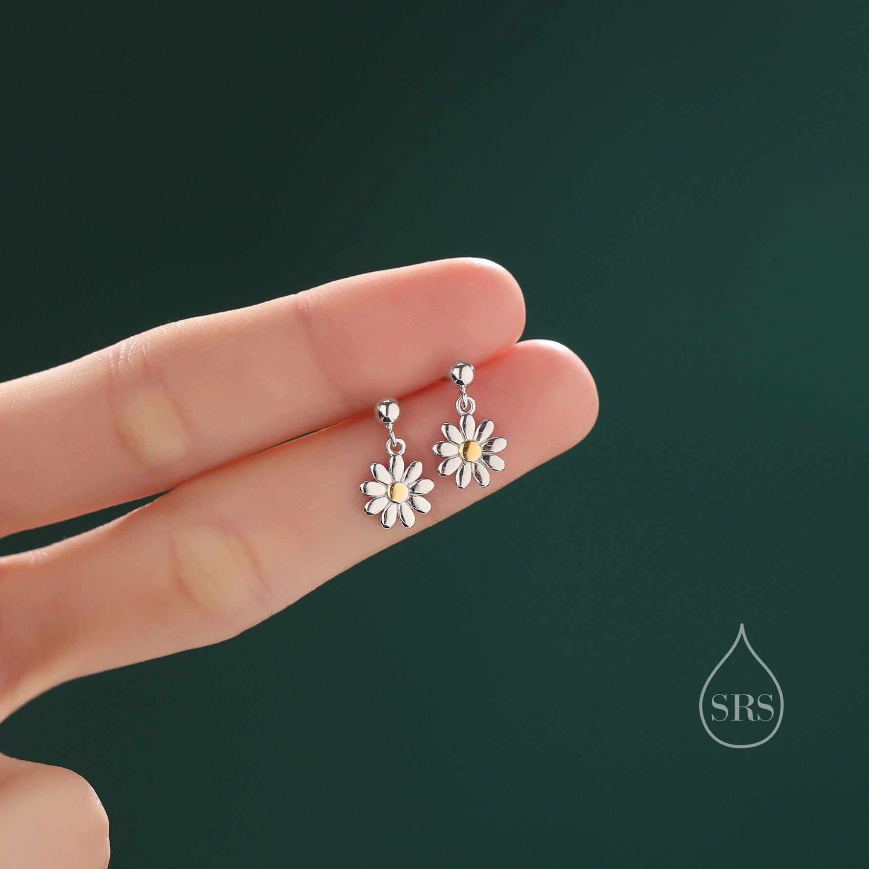 Sterling Silver Daisy Drop Stud Earrings, Delicate Dainty Dangle Daisy Flower Earrings