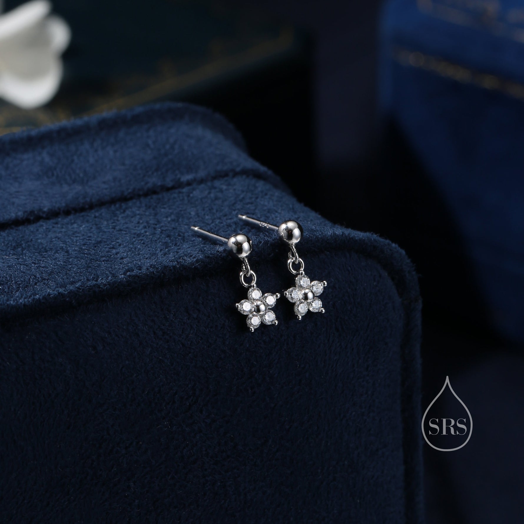 Sterling Silver Dainty CZ Flower Drop Stud Earrings, Dainty Dangle Daisy Flower Earrings, Silver Forget Me Not Tiny Earrings