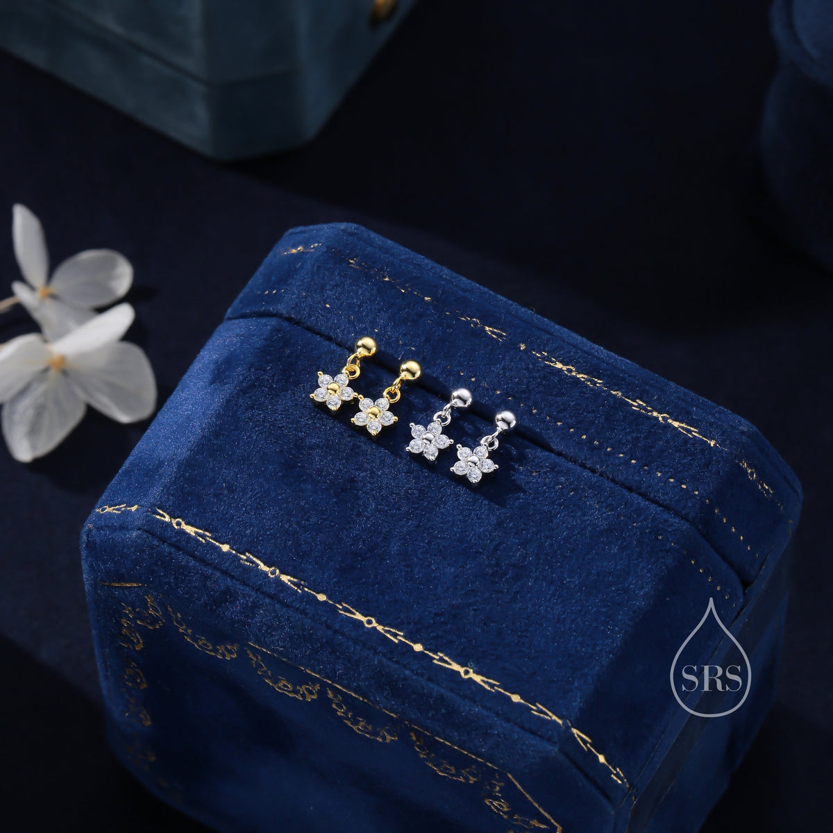 Sterling Silver Dainty CZ Flower Drop Stud Earrings, Dainty Dangle Daisy Flower Earrings, Silver Forget Me Not Tiny Earrings