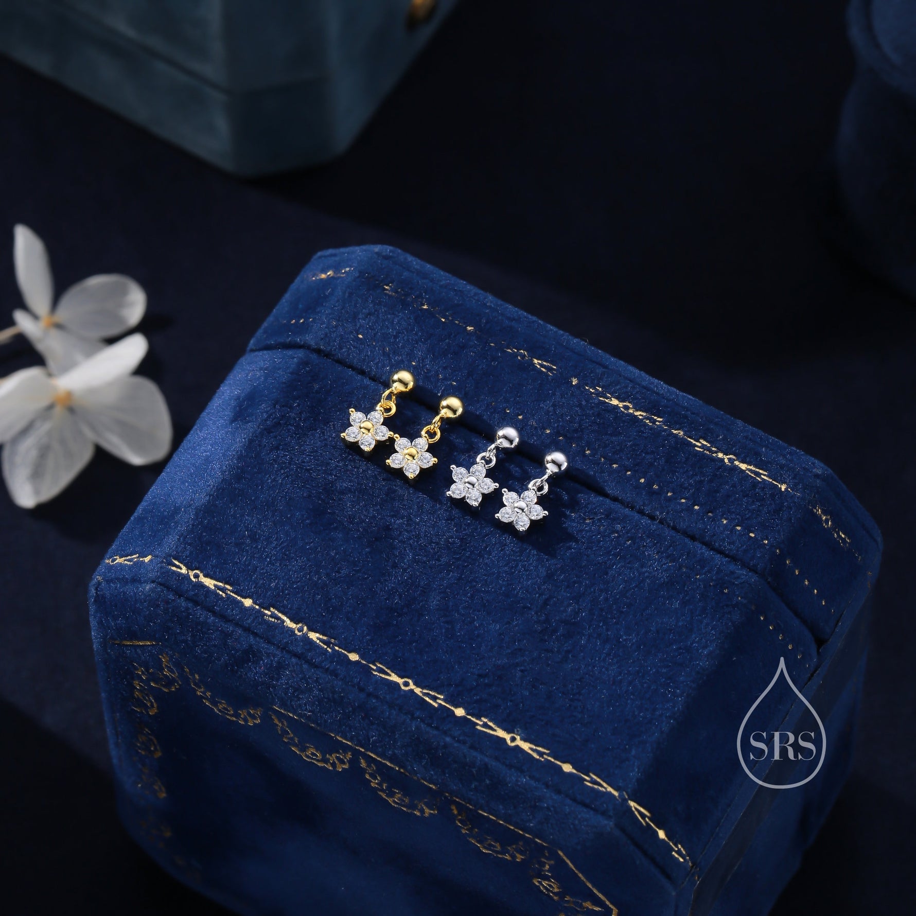 Sterling Silver Dainty CZ Flower Drop Stud Earrings, Dainty Dangle Daisy Flower Earrings, Silver Forget Me Not Tiny Earrings