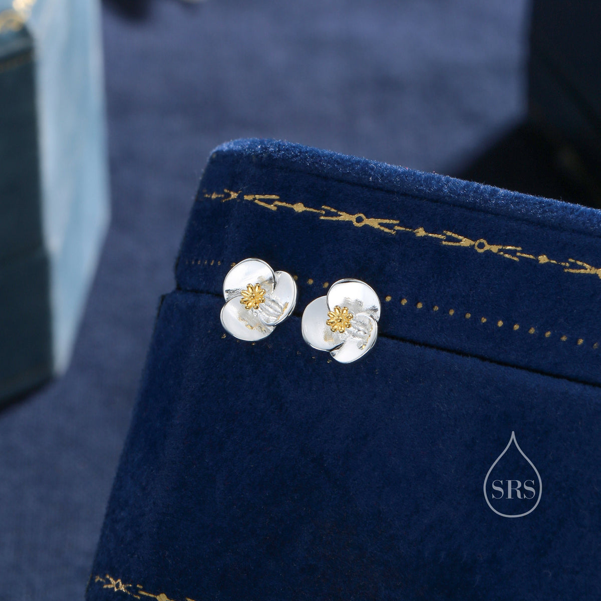 Poppy Flower Stud Earrings in Sterling Silver- Gold and Silver Two Tone - Flower Earrings - Blossom Earrings, Fun, Whimsical and Pretty