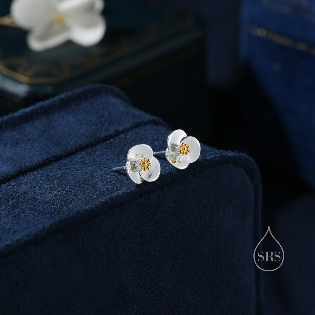 Poppy Flower Stud Earrings in Sterling Silver- Gold and Silver Two Tone - Flower Earrings - Blossom Earrings, Fun, Whimsical and Pretty