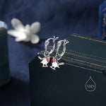 Sterling Silver Robin Bird Dangle Huggie Hoops, Enamel Robin Hoop Earrings, Dainty Dangle Earrings, Robin Bird Earrings, Detachable Charms