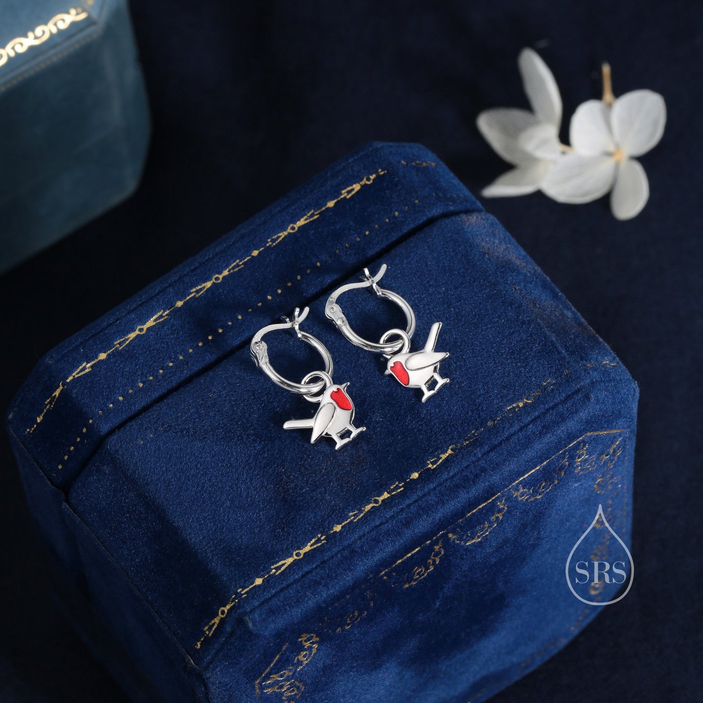 Sterling Silver Robin Bird Dangle Huggie Hoops, Enamel Robin Hoop Earrings, Dainty Dangle Earrings, Robin Bird Earrings, Detachable Charms