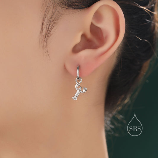 Lobster Huggie Hoop Earrings in Sterling Silver, Silver or Gold or Rose Gold, Tiny Lobster Earrings, Nautical Ocean Theme Earrings