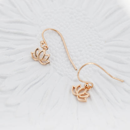 Sterling Silver Lotus Flower Drop Hook Earrings, Silver or Gold or Rose Gold, Water Lily Earrings, Lotus Earrings, Lotus Flower Earrings