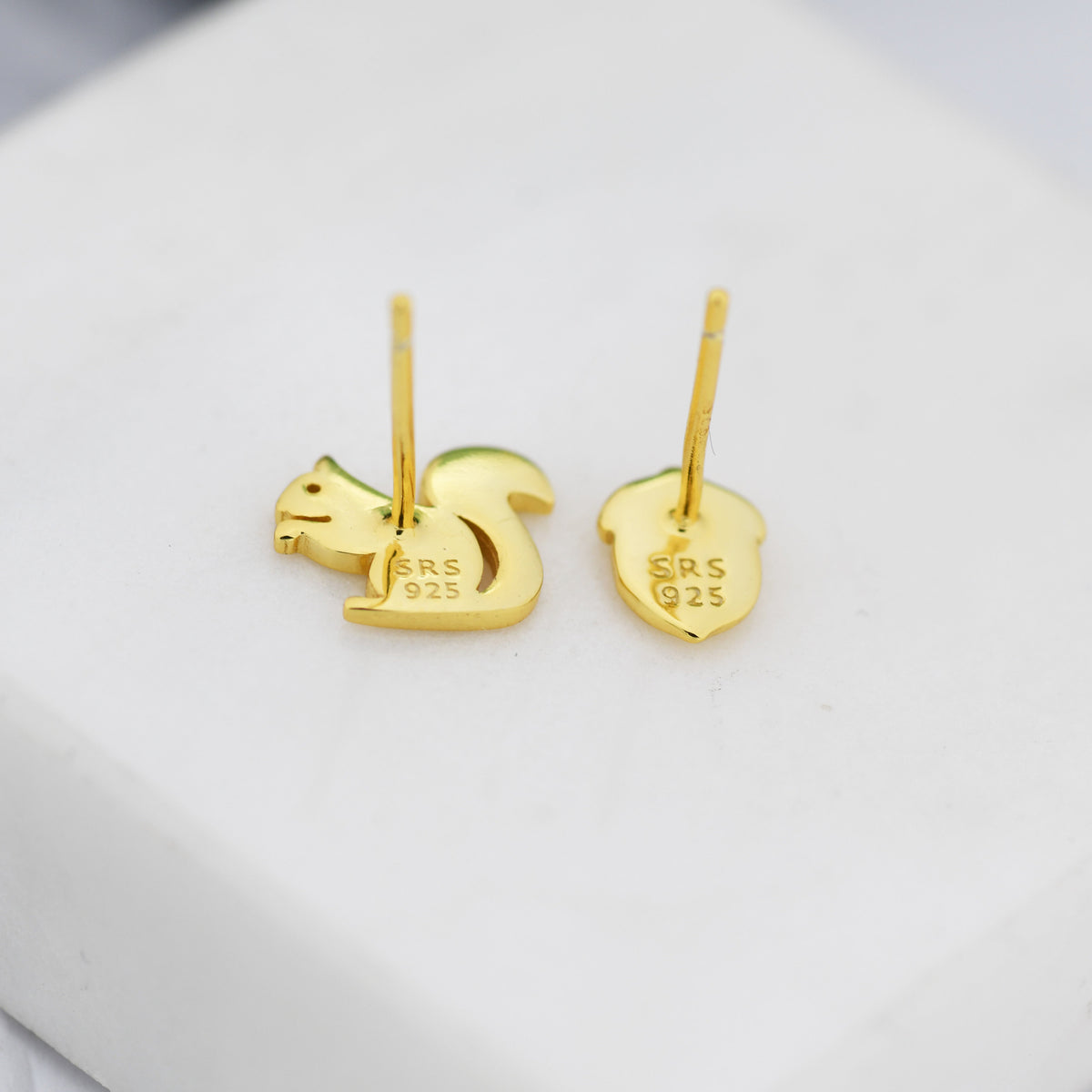 Mismatched Squirrel and Acorn Stud Earrings in Sterling Silver, Silver or Gold, Squirrel Earrings, Asymmetric Squirrel and Nut Earrings