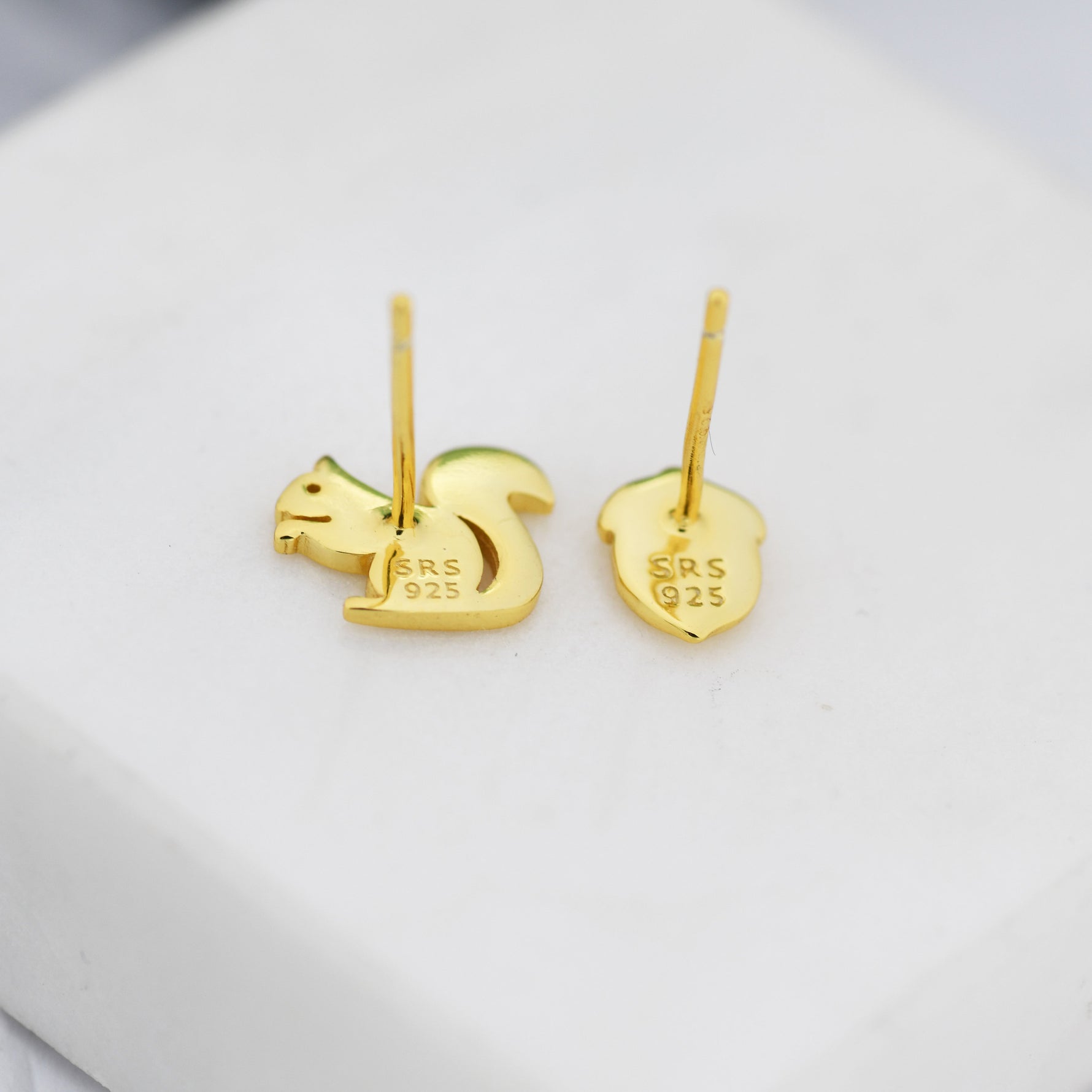 Mismatched Squirrel and Acorn Stud Earrings in Sterling Silver, Silver or Gold, Squirrel Earrings, Asymmetric Squirrel and Nut Earrings