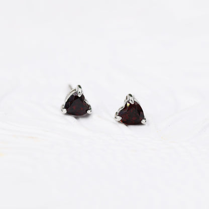 Natural Dark Garnet Crystal Heart Stud Earrings in Sterling Silver,4mm Garnet Crystal, Heart Stud Earrings, Tiny Heart Earrings