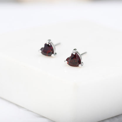 Natural Dark Garnet Crystal Heart Stud Earrings in Sterling Silver,4mm Garnet Crystal, Heart Stud Earrings, Tiny Heart Earrings