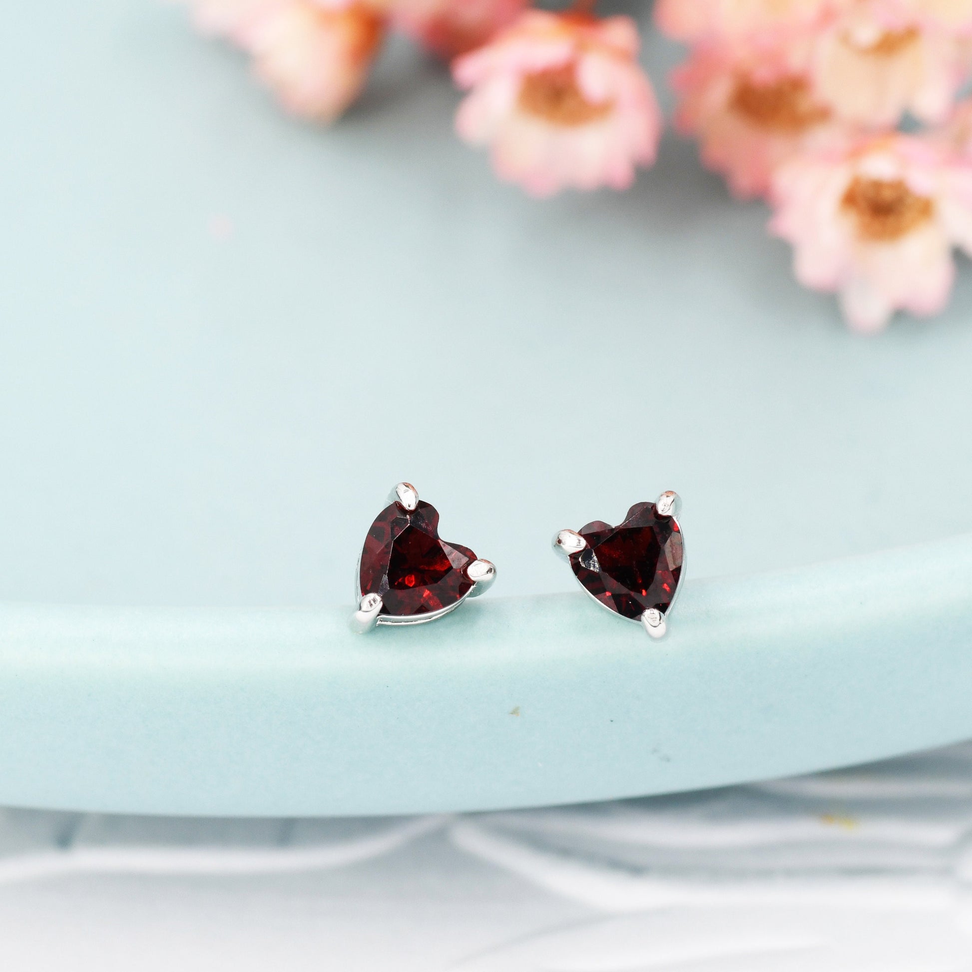 Natural Dark Garnet Crystal Heart Stud Earrings in Sterling Silver,4mm Garnet Crystal, Heart Stud Earrings, Tiny Heart Earrings