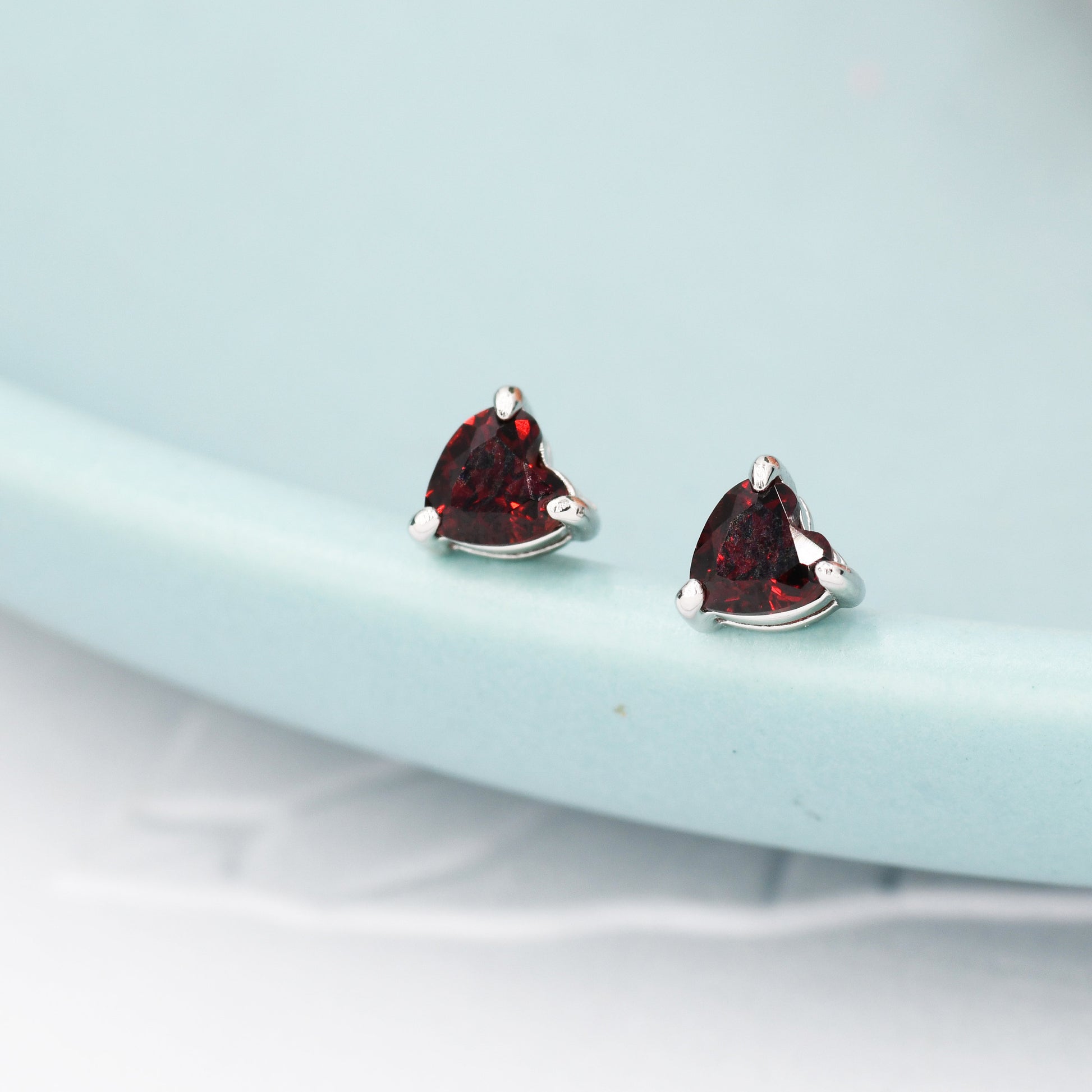 Natural Dark Garnet Crystal Heart Stud Earrings in Sterling Silver,4mm Garnet Crystal, Heart Stud Earrings, Tiny Heart Earrings