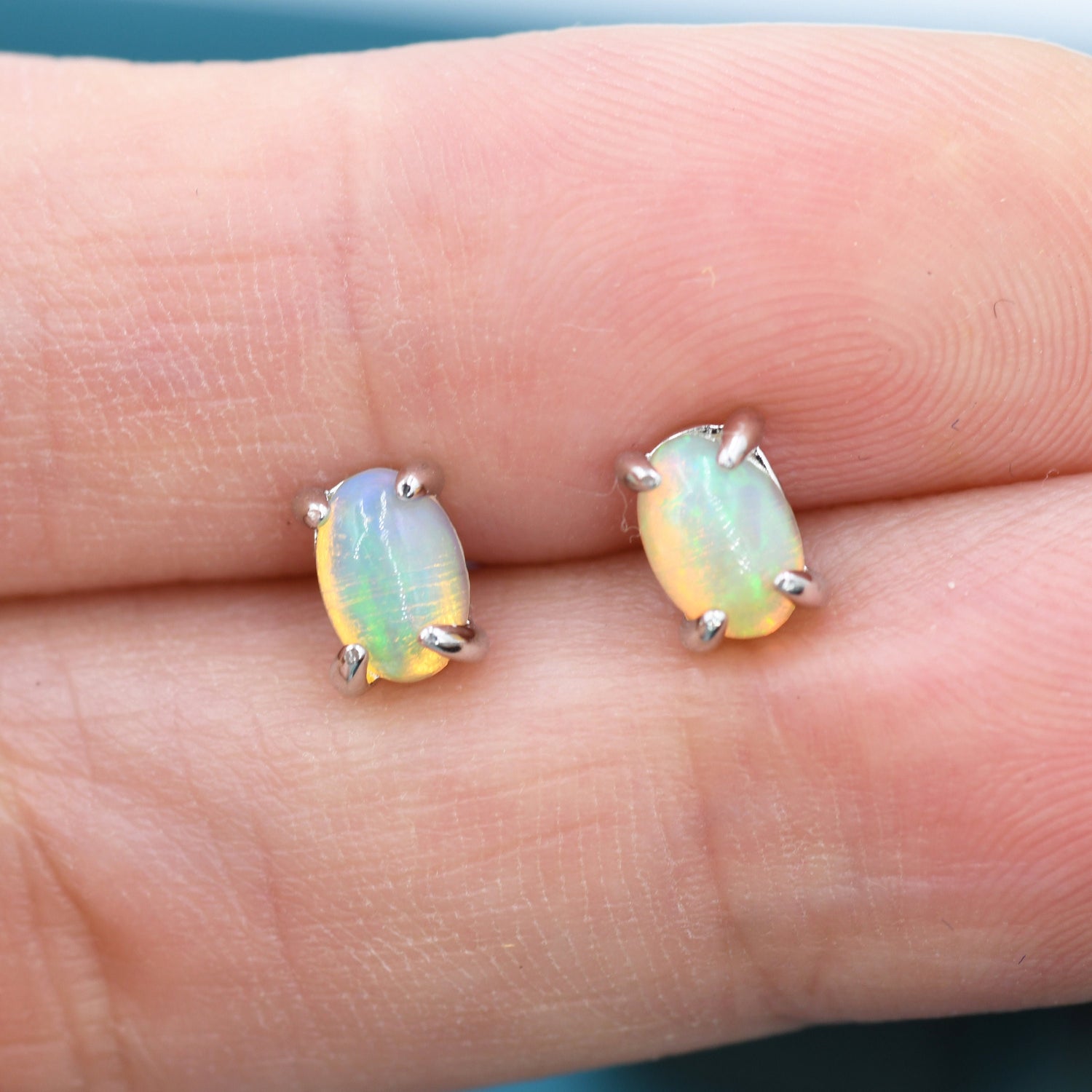 Genuine Ethiopian Opal Stone Oval Stud Earrings in Sterling Silver, 4x6mm Prong Set Opal Stud, Natural Semi-Precious Gemstones