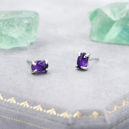 Genuine Dark Amethyst Oval Stud Earrings in Sterling Silver, 3x5 mm Amethyst Stud Earrings, Tiny Amethyst Earrings, February Birthstone