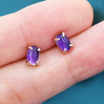 Genuine Dark Amethyst Oval Stud Earrings in Sterling Silver, 3x5 mm Amethyst Stud Earrings, Tiny Amethyst Earrings, February Birthstone