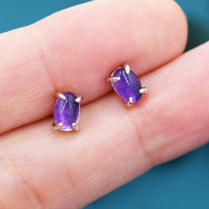 Genuine Dark Amethyst Oval Stud Earrings in Sterling Silver, 3x5 mm Amethyst Stud Earrings, Tiny Amethyst Earrings, February Birthstone