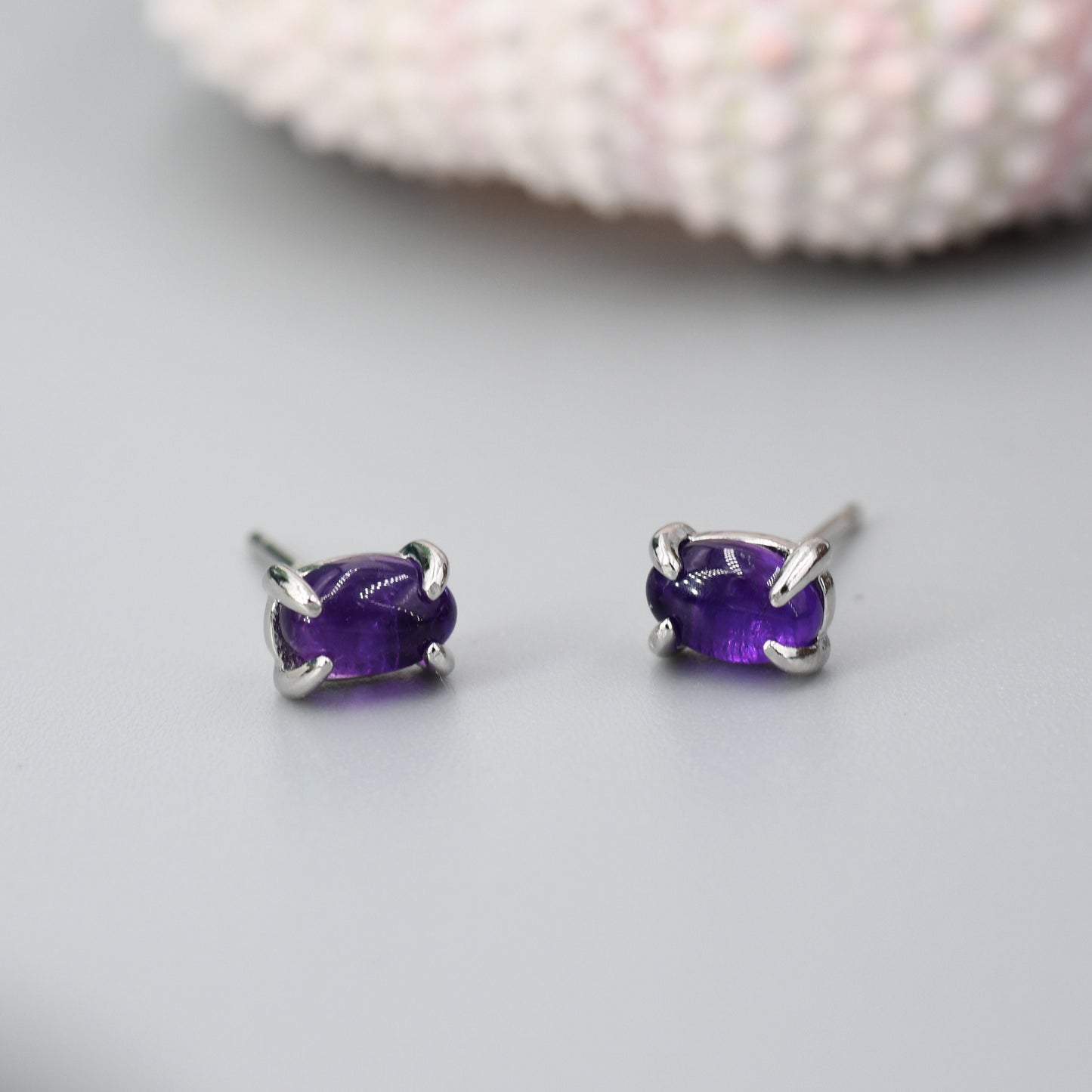 Genuine Dark Amethyst Oval Stud Earrings in Sterling Silver, 3x5 mm Amethyst Stud Earrings, Tiny Amethyst Earrings, February Birthstone