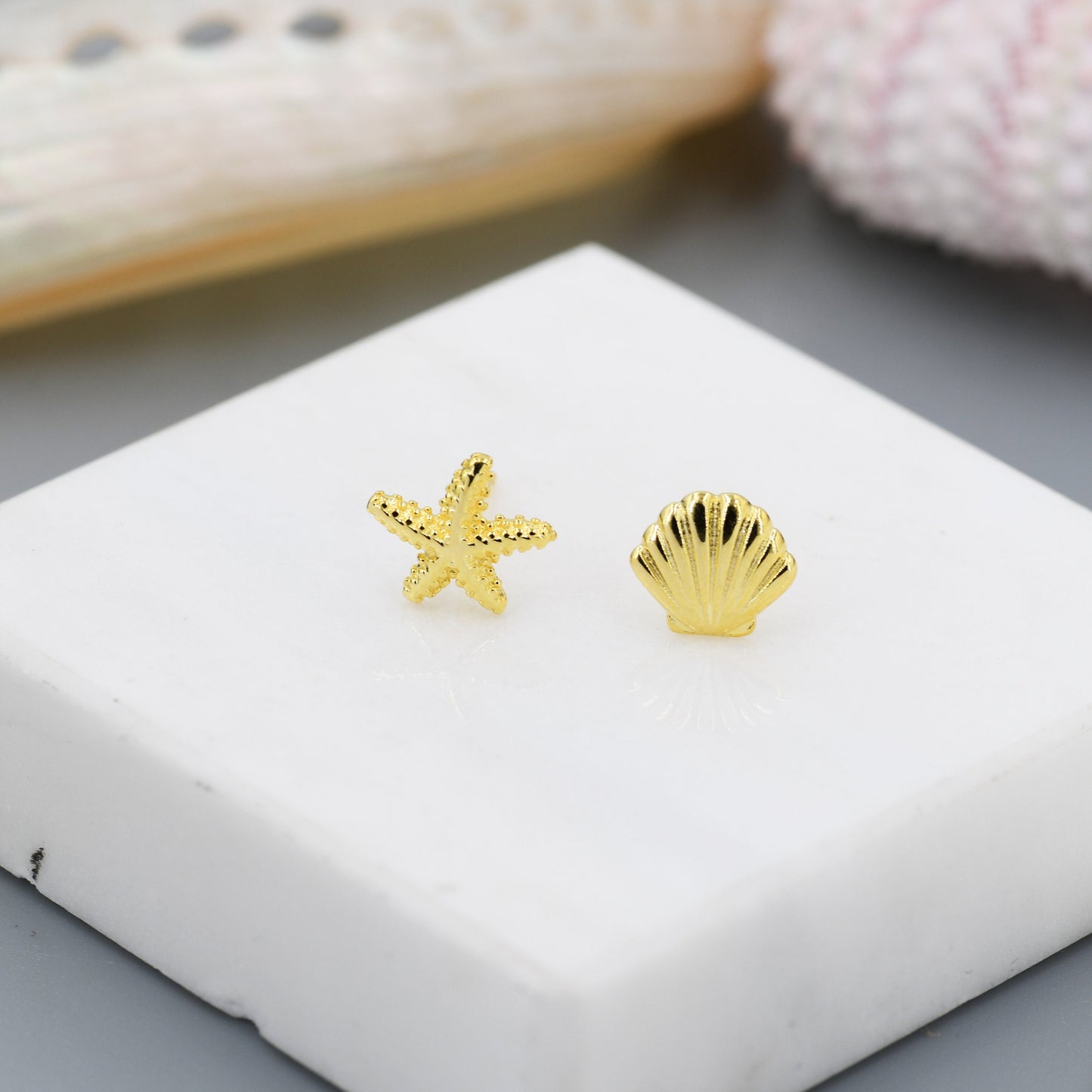 Mismatched Tiny Seashell and Starfish Stud Earrings in Sterling Silver, Silver, Gold or Rose Gold, Asymmetric Shell and Sea Star Earrings