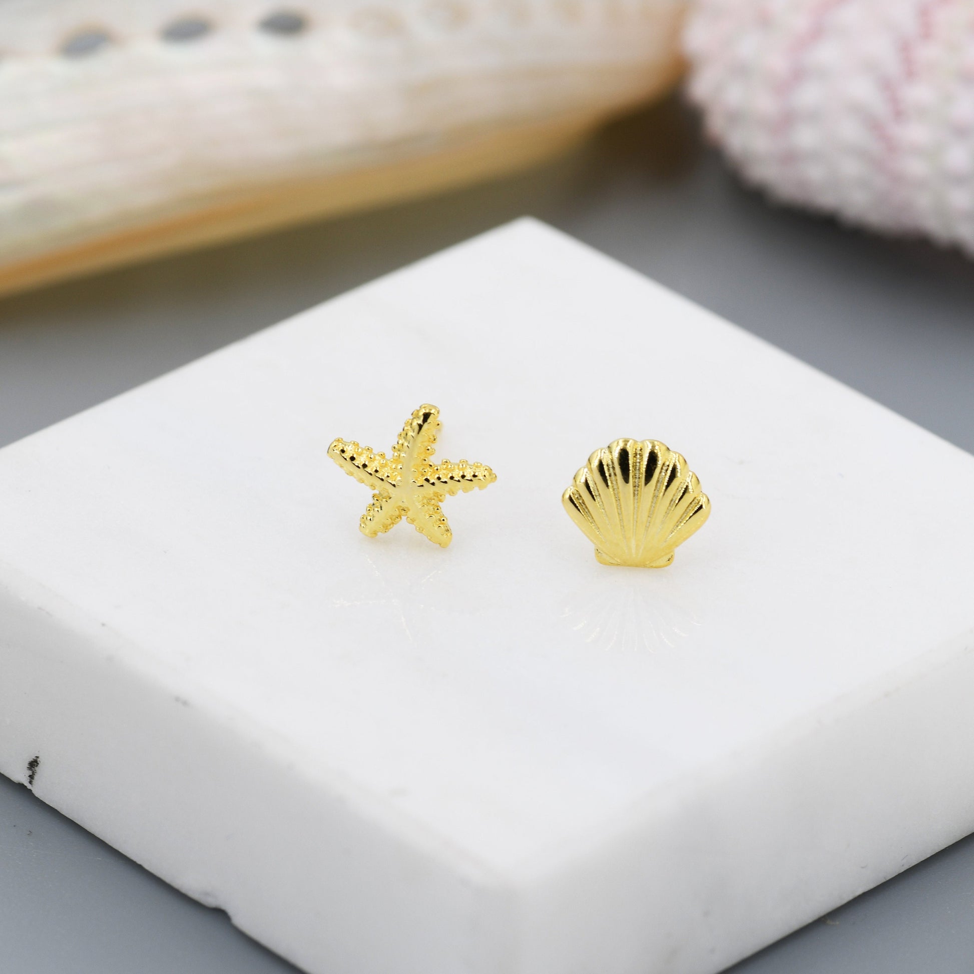 Mismatched Tiny Seashell and Starfish Stud Earrings in Sterling Silver, Silver, Gold or Rose Gold, Asymmetric Shell and Sea Star Earrings