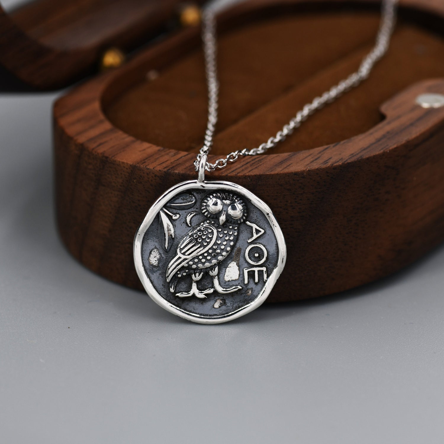 Oxidised Owl of Athena Coin Pendant Necklace