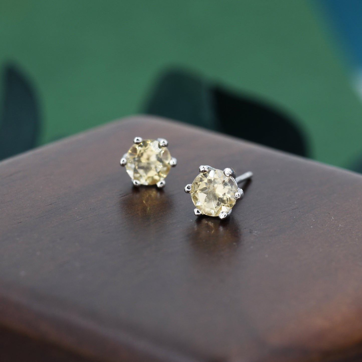 Genuine Yellow Citrine Stud Earrings in Sterling Silver,  5mm Citrine Earrings, Six Prong Citrine Crystal Earrings