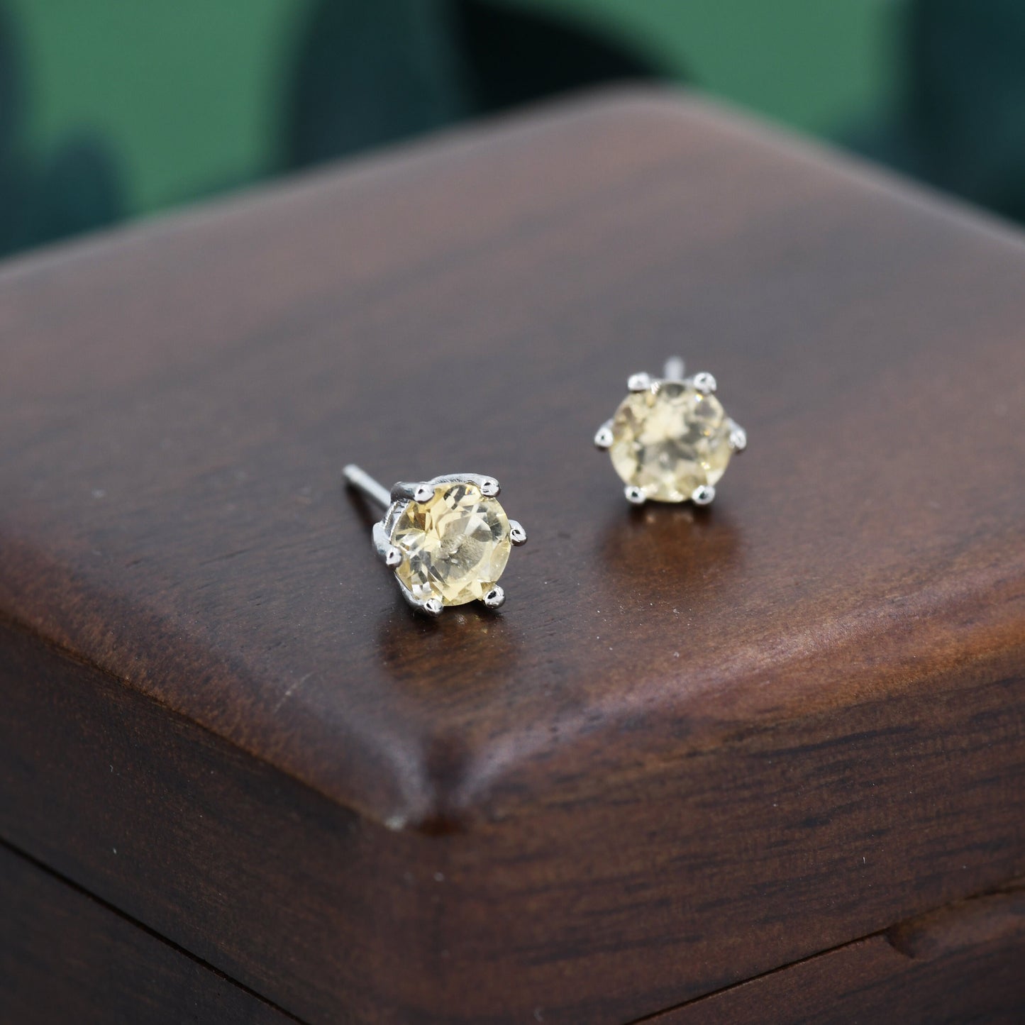 Genuine Yellow Citrine Stud Earrings in Sterling Silver,  5mm Citrine Earrings, Six Prong Citrine Crystal Earrings