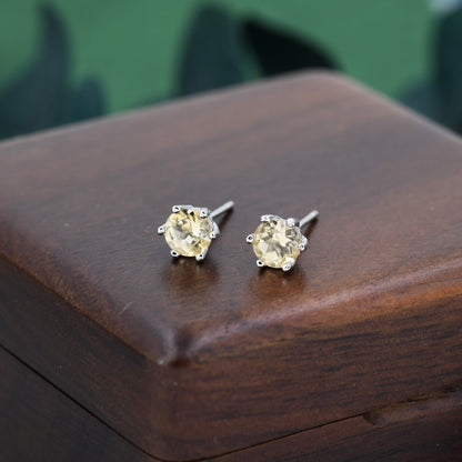 Genuine Yellow Citrine Stud Earrings in Sterling Silver,  5mm Citrine Earrings, Six Prong Citrine Crystal Earrings