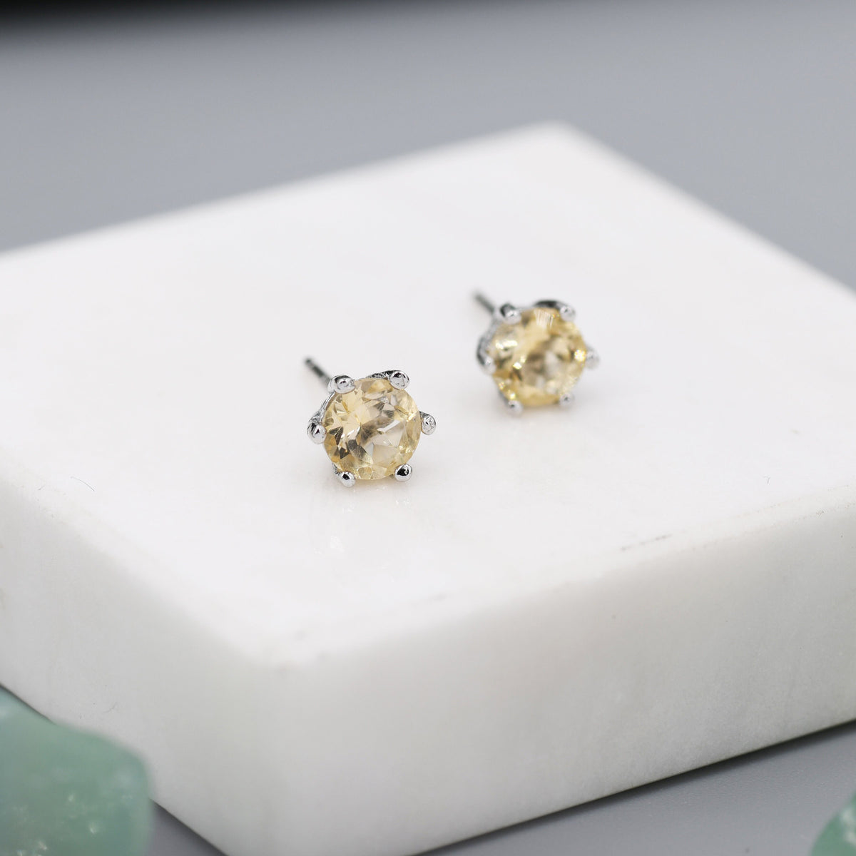 Genuine Yellow Citrine Stud Earrings in Sterling Silver, 5mm Citrine Earrings, Six Prong Citrine Crystal Earrings