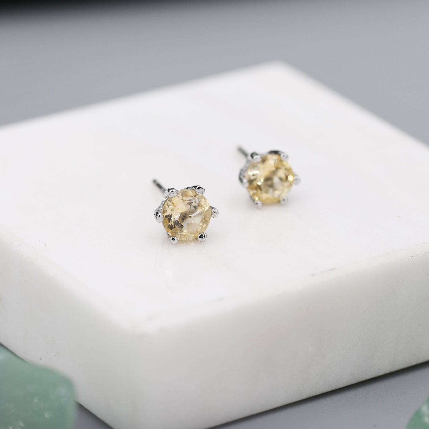 Genuine Yellow Citrine Stud Earrings in Sterling Silver,  5mm Citrine Earrings, Six Prong Citrine Crystal Earrings