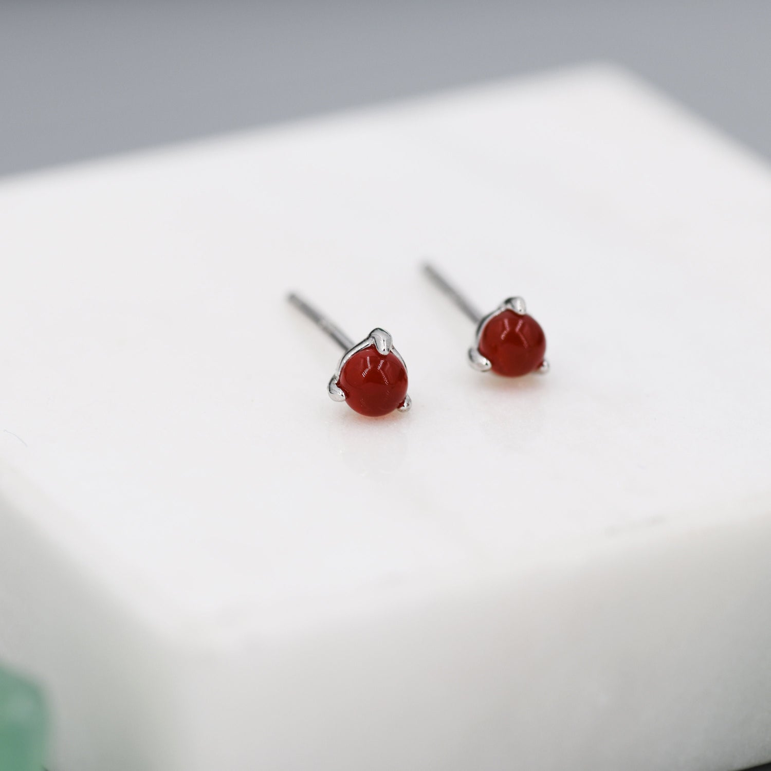 Natural Red Carnelian Stud Earrings in Sterling Silver, Semi-Precious Gemstone Earrings, 3mm and 3 prong Genuine Red Onyx Earrings