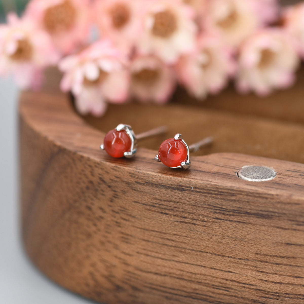 Natural Red Carnelian Stud Earrings in Sterling Silver, Semi-Precious Gemstone Earrings, 3mm and 3 prong Genuine Red Onyx Earrings