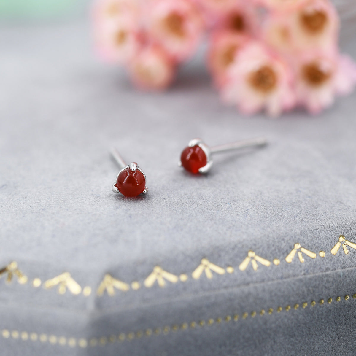 Natural Red Carnelian Stud Earrings in Sterling Silver, Semi-Precious Gemstone Earrings, 3mm and 3 prong Genuine Red Onyx Earrings