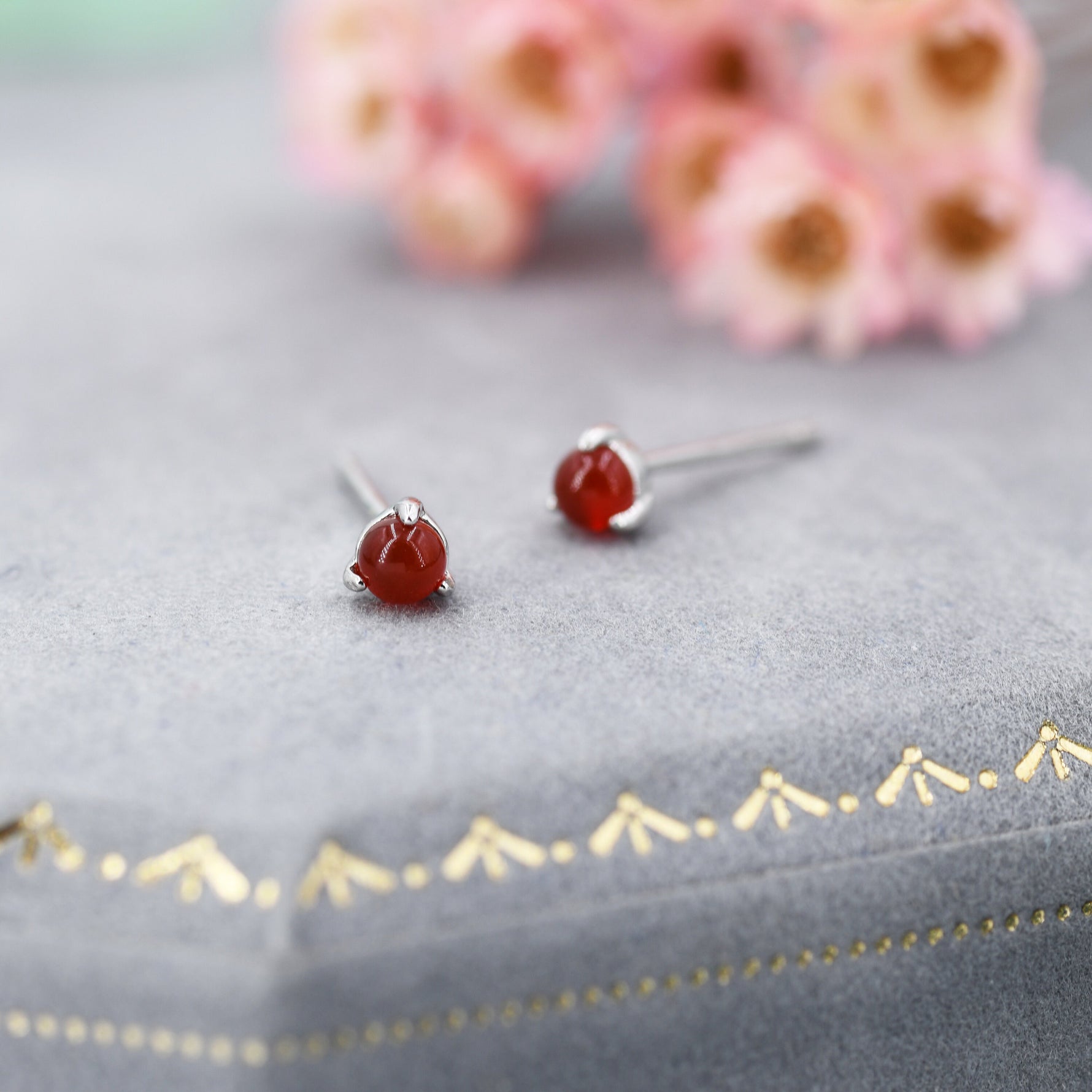 Natural Red Carnelian Stud Earrings in Sterling Silver, Semi-Precious Gemstone Earrings, 3mm and 3 prong Genuine Red Onyx Earrings