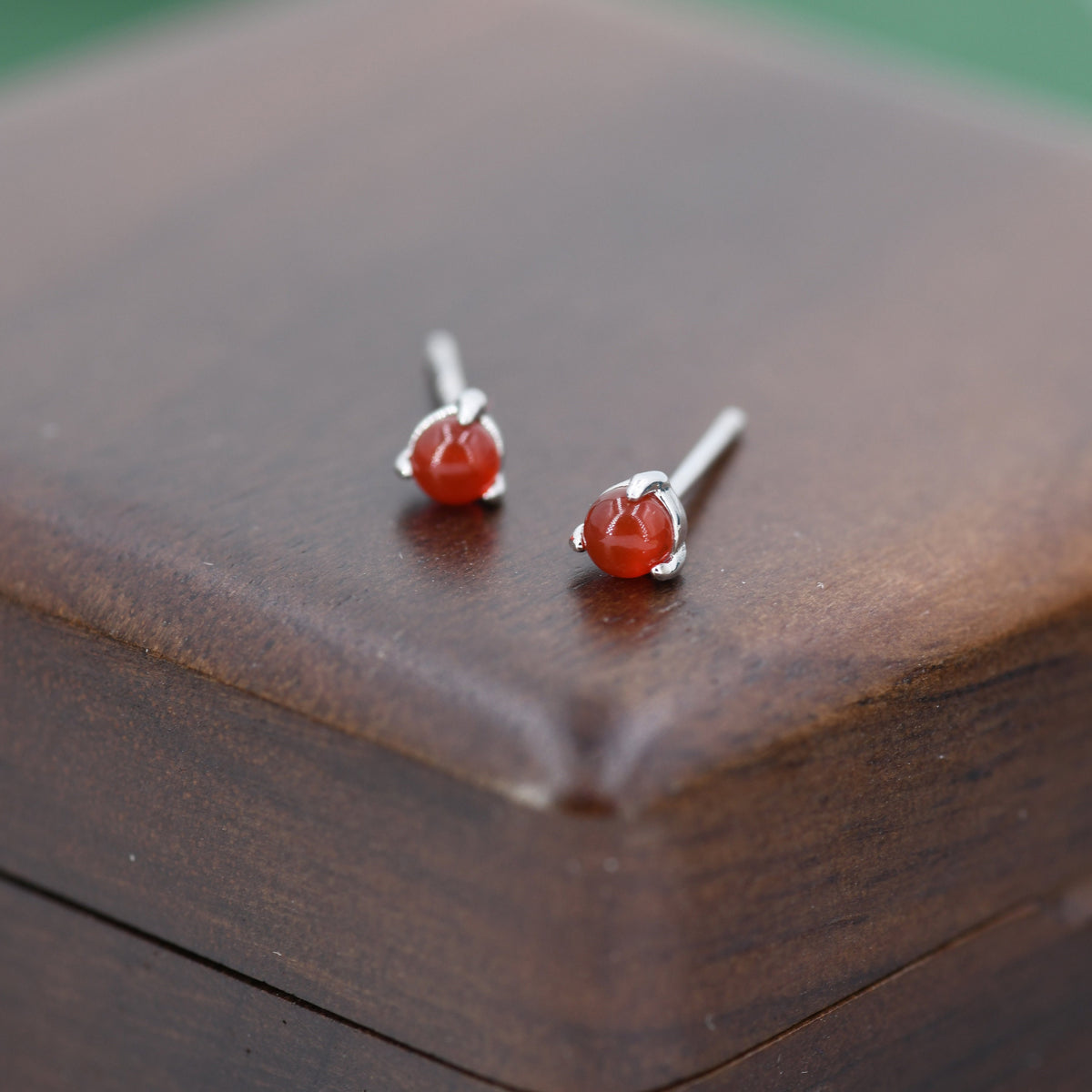 Natural Red Carnelian Stud Earrings in Sterling Silver, Semi-Precious Gemstone Earrings, 3mm and 3 prong Genuine Red Onyx Earrings