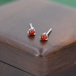 Natural Red Carnelian Stud Earrings in Sterling Silver, Semi-Precious Gemstone Earrings, 3mm and 3 prong Genuine Red Onyx Earrings