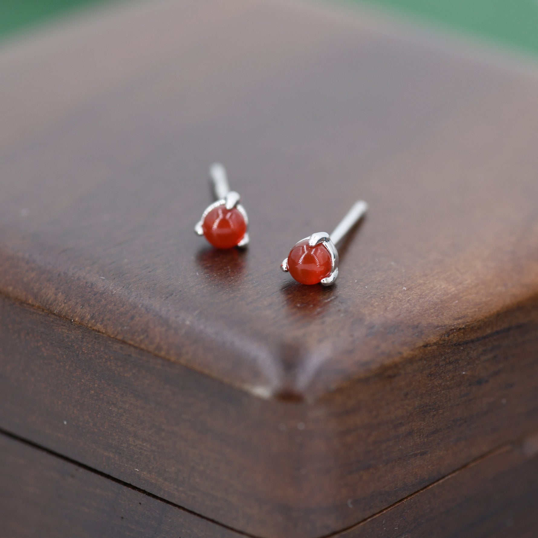 Natural Red Carnelian Stud Earrings in Sterling Silver, Semi-Precious Gemstone Earrings, 3mm and 3 prong Genuine Red Onyx Earrings