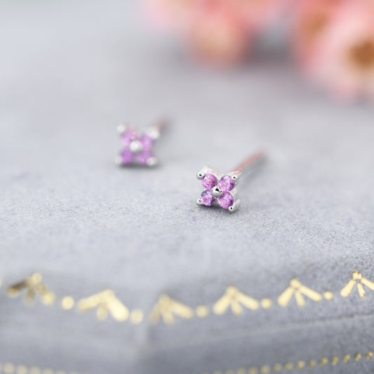 Pink Hydrangea Tiny Stud Earrings in Sterling Silver - 3mm Flower Stud, Pink Flower CZ Stud