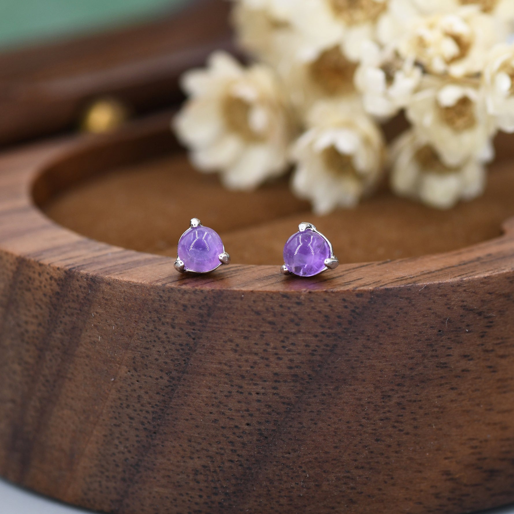 Natural Purple Amethyst Stud Earrings in Sterling Silver, Semi-Precious Gemstone Earrings, 3mm and 3 prong Genuine Amethyst Earrings