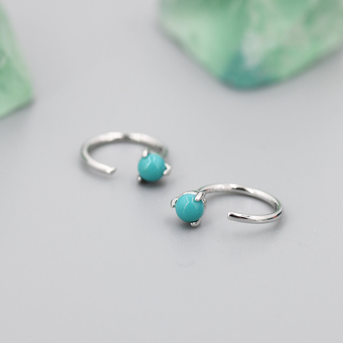 Genuine Green Turquoise Threader Hoop Earrings in Sterling Silver, Silver or Gold, Green Turquoise Turquoise Open Hoop Pull Through Earrings