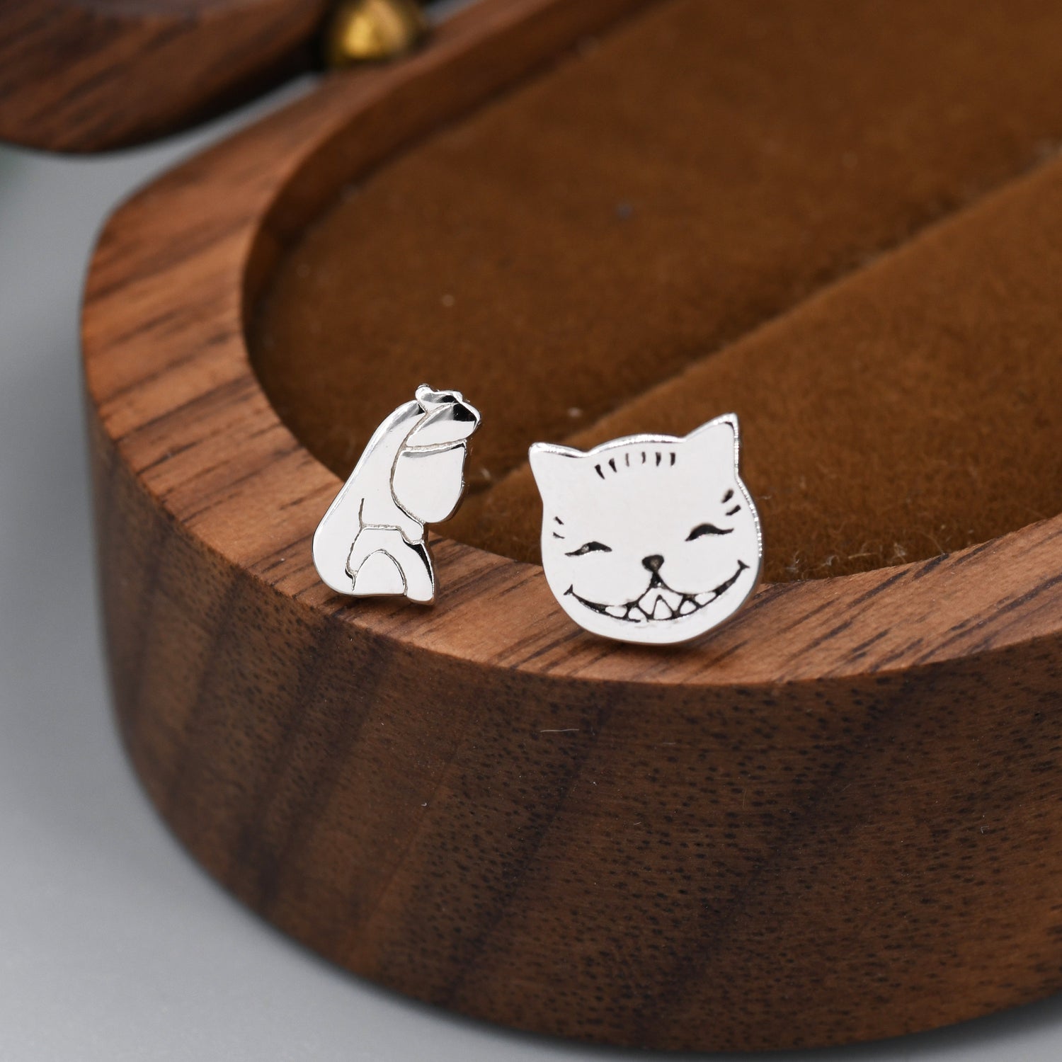 Asymmetric Alice and Cat Stud Earrings in Sterling Silver, Silver or Gold or Rose Gold, Alice Stud Earrings,  Fairy Tale Jewellery