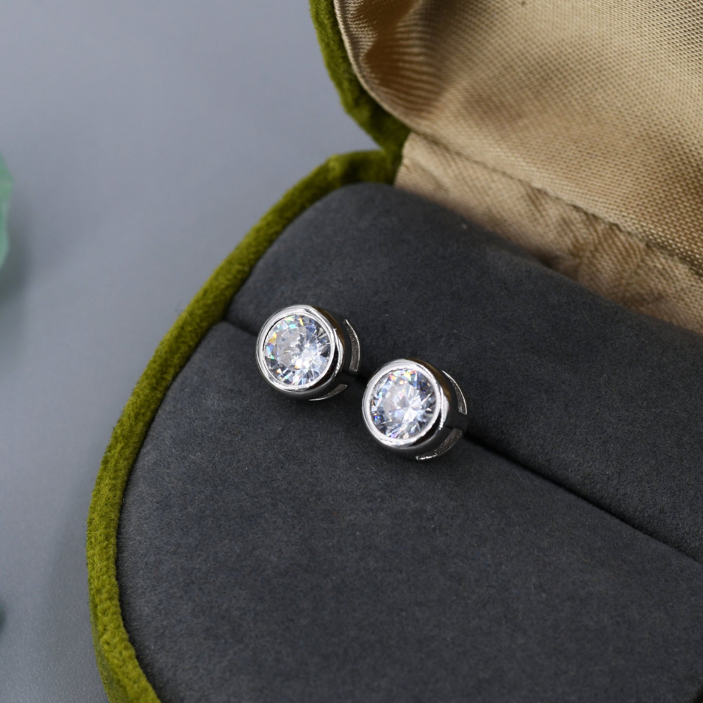 Extra Large 6mm CZ Stud Earrings in Sterling Silver, 6mm Bezel Stud Earrings, 6mm Crystal Earrings, Chunky CZ Stud