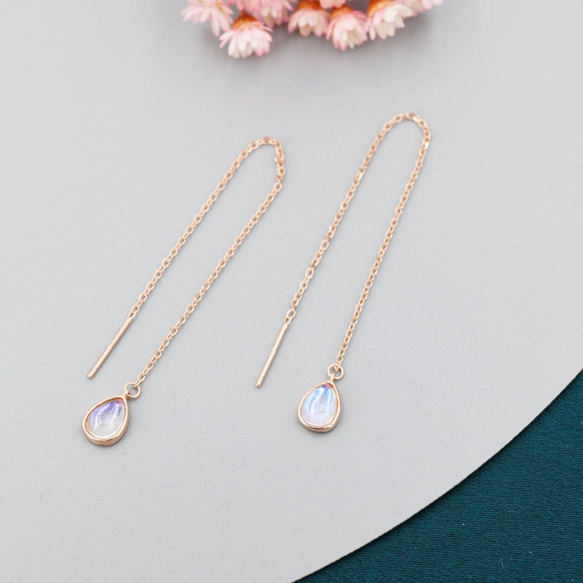 Sterling Silver Droplet Ear Threader Earrings, Available in 2 sizes, Aurora Moonstone Drop Earrings, Geometric Minimalist Jewellery