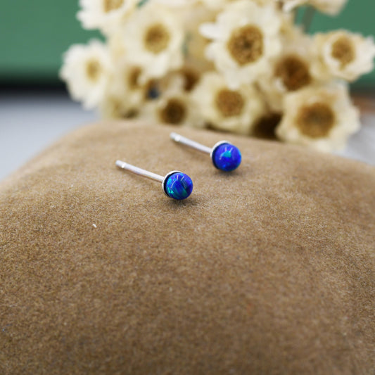 Dark Blue Opal Stud Earrings in Sterling Silver - Blue Opal Stud, 3mm Opal Ball Stud Earrings, Extra Tiny Opal Stud