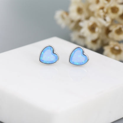 Blue Opal Heart Stud Earrings in Sterling Silver, Opal Heart Earrings,  Lab Opal Heart Earrings, Aqua Blue Opal Earrings