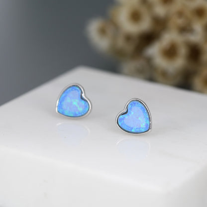 Blue Opal Heart Stud Earrings in Sterling Silver, Opal Heart Earrings,  Lab Opal Heart Earrings, Aqua Blue Opal Earrings