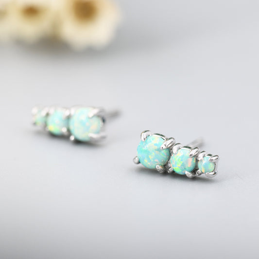 Tiny Aqua Green Opal Trio Stud Earrings in Sterling Silver, Silver or Gold, Three Opal Earrings, Opal Stud, Small Opal Earrings