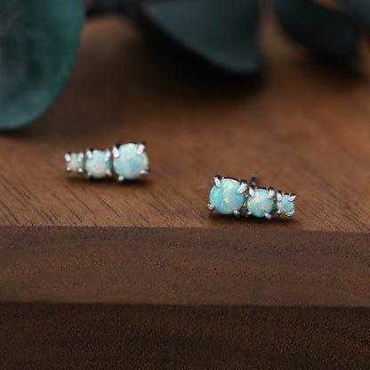 Tiny Aqua Green Opal Trio Stud Earrings in Sterling Silver, Silver or Gold, Three Opal Earrings, Opal Stud, Small Opal Earrings